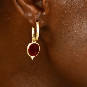 Silver Dangling Ruby Gemstone Earrings in 24K Gold, Drop July Birthstone Hoop Earrings, Vintage Ruby Earrings, Handmade Gift For Mothers Day