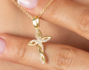 Silver Twisted Cross Necklace in 18K Gold, Dainty CZ Diamond Cross Pendant, Handcrafted Cross Necklace, Religious Jewelry Gift For Women