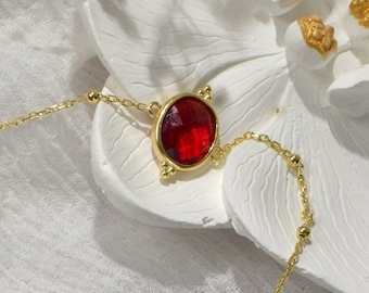 Silver Ruby Gemstone Bracelet in 24K Gold, Vintage July Birthstone Bracelet, Antique Ruby Crystal Pendant, Handmade Jewelry Gift For Women