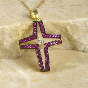 Silver Ruby Cross Necklace, 24K Gold Plated Birthstone Cross Pendant, Ruby CZ Diamond Cross Necklace, Religious Jewelry, Dainty Gift For Her