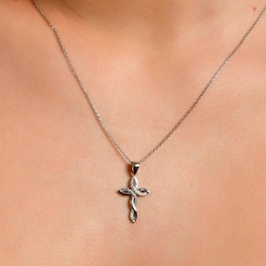 Sterling Silver Twisted Cross Necklace, Dainty CZ Diamond Cross Pendant, Handcrafted Cross Necklace, Religious Jewelry, Gift For Mothers Day