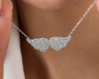Silver Guardian Angel Wings Necklace, Pave CZ Angel Wings Pendant, Angel Wing Memorial Necklace