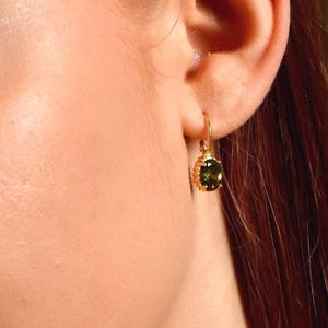 Silver Teardrop Peridot Hoop Earrings, Gold Plated August Birthstone Huggie Hoops, Oval Cut Peridot Drop Earrings, Cute Jewelry Gift For Her