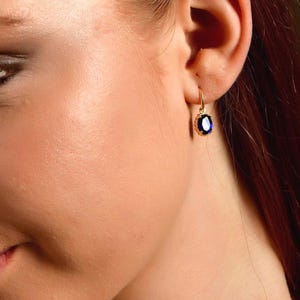Silver Teardrop Sapphire Hoop Earrings, Gold Plated September Birthstone Huggie Hoops, Oval Blue Sapphire Drop Earrings, Jewelry For Her