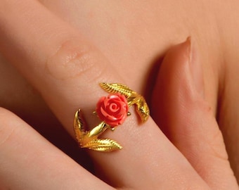 Anillo de rosa de coral rosa natural en oro de 24 quilates, anillo de flor de rosa de coral tallado, anillo de flor de coral piel de ángel de plata, regalo de joyería vintage para mujer.
