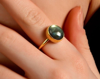 Anillos de labradorita natural en oro de 24 quilates, anillo de labradorita ovalada en plata, anillo ajustable de piedra preciosa auténtica, joyería vintage de piedra natal para mujer.