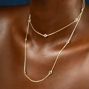 Silver CZ Diamond By The Yard Necklace, Bezel Diamond Station Necklace in 18K Gold, Long Layering Necklace, Must Have Jewelry Gift For Women