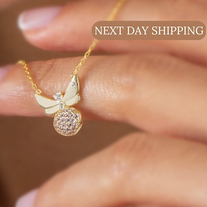 Petit collier abeille en argent en or 18 carats, pendentif minimaliste reine des abeilles, collier en forme d&#39;abeille diamant rose CZ, bijoux mignons, cadeau de Noël pour elle