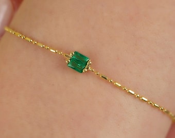 Bracciale minimalista in argento con smeraldo e zirconi cubici in oro 18 carati, delicato bracciale con pietra portafortuna di maggio, bracciale con pietra preziosa di smeraldo, graziosi gioielli