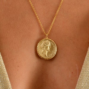 Silver Antoninus Coin Necklace in 18K Gold, Intaglio Roman Medallion Necklace, Ancient Roman Coin Pendant, Jewelry Gift For Valentines Day