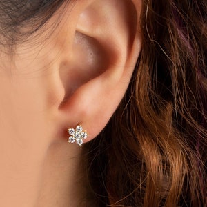 Silver Flower CZ Studs in 18K Gold, Minimalist Floral Stud Earrings, Cute CZ Diamond Blossom Earrings, Tiny Earrings Jewelry For Mothers day