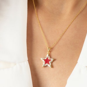 Silver Baguette Diamond Star Necklace, 18K Gold Plated Red Star Pendant, Diamond CZ Star Necklace, Celestial Jewelry, Christmas Gift For Her