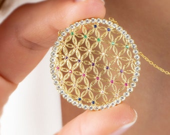 Silver Cycle Of Life Necklace in 18K Gold, Colorful Flower of Life Pendant, Sacred Geometric Symbol Necklace, Meaningful Jewelry For Women