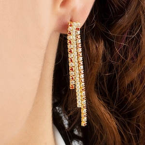 Silver Orange CZ Tennis Drop Earrings in 18K Gold, Dangling Topaz Diamond Chain Earrings, Citrine Diamond Tassel Jewelry, Gift For Christmas