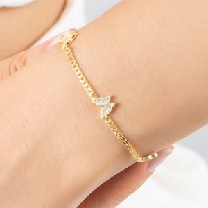 Silver Gold Chain Butterfly Bracelet, 18K Gold Plated Butterfly CZ Bracelet, Curb Chain Butterfly Bracelet, Dainty Jewelry, Gift For Women