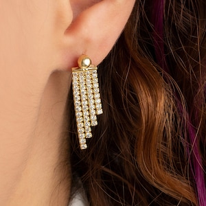 Silver Dangling Diamond Chain Earrings, CZ Tennis Drop Earrings in 18K Gold, Diamond Chain Tassel Earrings, Jewelry Gift For Valentines Day
