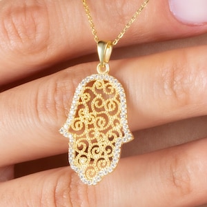 Silver Hamsa Hand Necklace in 18K Gold, Dainty Fatima Hand Pendant, Hand of Fatima Protection Necklace, Boho Jewelry, Special Gift For Her