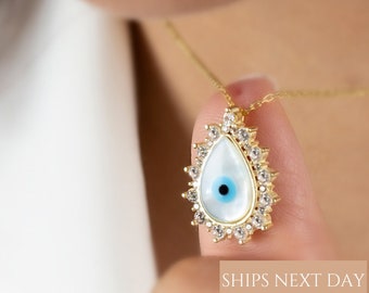 Silver Teardrop Evil Eye Necklace in 18K Gold, Oval Shape Evil Eye Pendant, Evil Eye CZ Diamond Necklace, Boho Jewelry Gift For Mothers Day