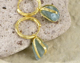 Raw Aquamarine Hoop Earrings in 24K Gold Plated Silver, Natural March Birthstone Huggie Hoops, Rough Aquamarine Gemstone Earrings