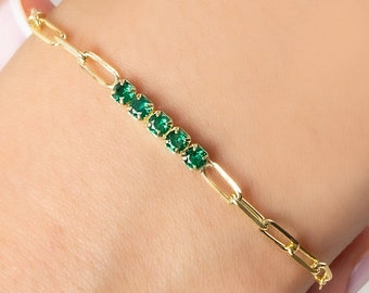 Silver Emerald CZ Bracelet in 18K Gold, Minimalist May Birthstone Bracelet, Emerald CZ Bar Paperclip Bracelet, Tiny Jewelry Gift For Mothers