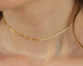 Silver Half Tennis Half Paperclip Choker, 18K Gold Plated Tennis Choker Necklace, Paperclip Choker Necklace, Choker Jewelry, Gift For Her