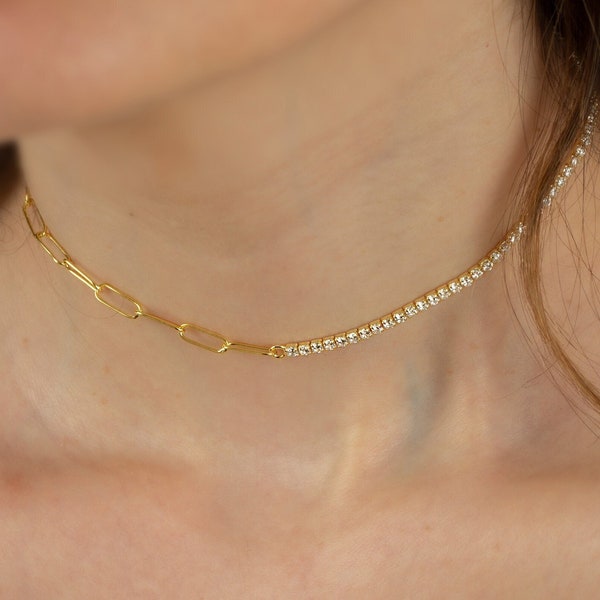 Silver Half Tennis Half Paperclip Choker, 18K Gold Plated Tennis Choker Necklace, Paperclip Choker Necklace, Choker Jewelry, Gift For Her