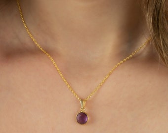 Silver Solitaire Amethyst Necklace in 18K Gold, Bezel Set Gemstone Pendant, Round Purple Amethyst Necklace, Birthstone Jewelry, Gift For Her