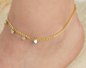 Silver Dangling Hearts Anklet in 18K Gold, Half CZ Tennis Half Chain Ankle Bracelet, Drop Plain Hearts Ankle Bracelet, Summer Anklet For Her