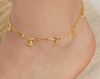 Silver Dangling Butterfly Anklet in 18K Gold, Plain Butterfly Drop Ankle Bracelet, Paperclip Chain Butterfly Anklet, Delicate Anklet Jewelry