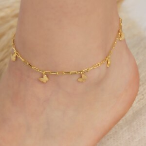 Silver Dangling Butterfly Anklet in 18K Gold, Plain Butterfly Drop Ankle Bracelet, Paperclip Chain Butterfly Charm Anklet, Delicate Jewelry