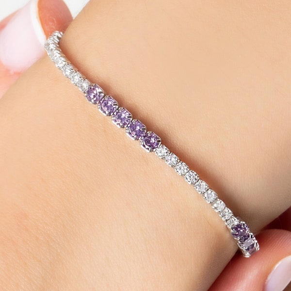 Bracelet tennis argent améthyste CZ, bracelet chaîne diamants CZ violet délicat, bracelet tennis lilas minimaliste, bijoux de mariée, cadeau de fête des mères