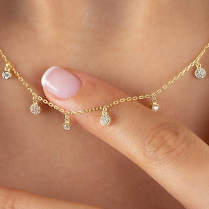 Silver Dangling CZ Diamonds Necklace in 18K Gold, Minimalist Diamond Drop Station Necklace, Layering Diamonds Necklace, Jewelry For Women