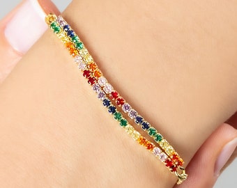 Silver Double Rainbow Tennis Bracelet, Colorful CZ Diamond Bracelet in 18K Gold, Multicolor Diamond Chain, Rainbow Jewelry Gift For Women