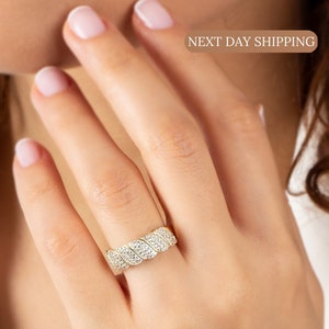 Silver Pave CZ Diamond Band Ring, Cubic Zirconia Wide Band Ring in 18K Gold, Adjustable Diamond Ring, Designer Ring Jewelry, Gift For Women