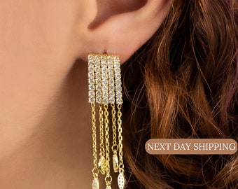 Silver Dangling CZ Diamond Chain Earrings, 18K Gold Plated Dangle Earrings, Drop CZ Diamond Chain Earrings, Tassel Earrings, Gift For Mother