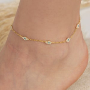 Silver Cable Chain Evil Eye Anklet in 18K Gold, Minimalist Evil Eye Ankle Bracelet, Delicate Summer Anklet For Women, Cute Anklet Jewelry