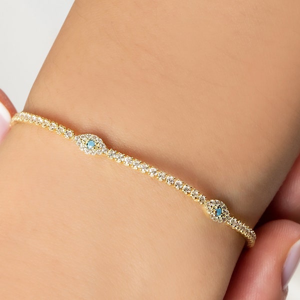 Silver Evil Eye CZ Tennis Bracelet in 18K Gold, Turquoise Evil Eye CZ Diamond Bracelet, Blue Eye Protection Bracelet, Gift For Mothers Day