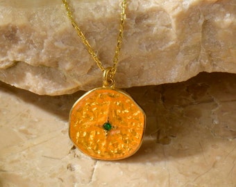 Silver Emerald Star Necklace in 18K Gold, Orange Enameled Coin Pendant, Round Shape Medallion Pendant, Stylish Jewelry Gift For Mothers Day