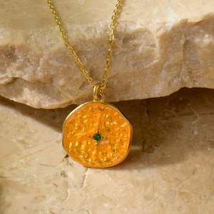 Silver Emerald Star Necklace in 18K Gold, Orange Enameled Coin Pendant, Round Shape Medallion Pendant, Stylish Jewelry, Boho Gift For Women