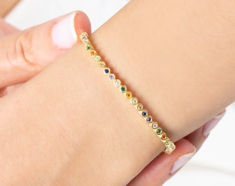 Silver Bezel Set Rainbow Tennis Bracelet, Colorful CZ Tennis Bracelet in 18K Gold, Multicolour Diamond Chain, Rainbow Jewelry, Gift For Her