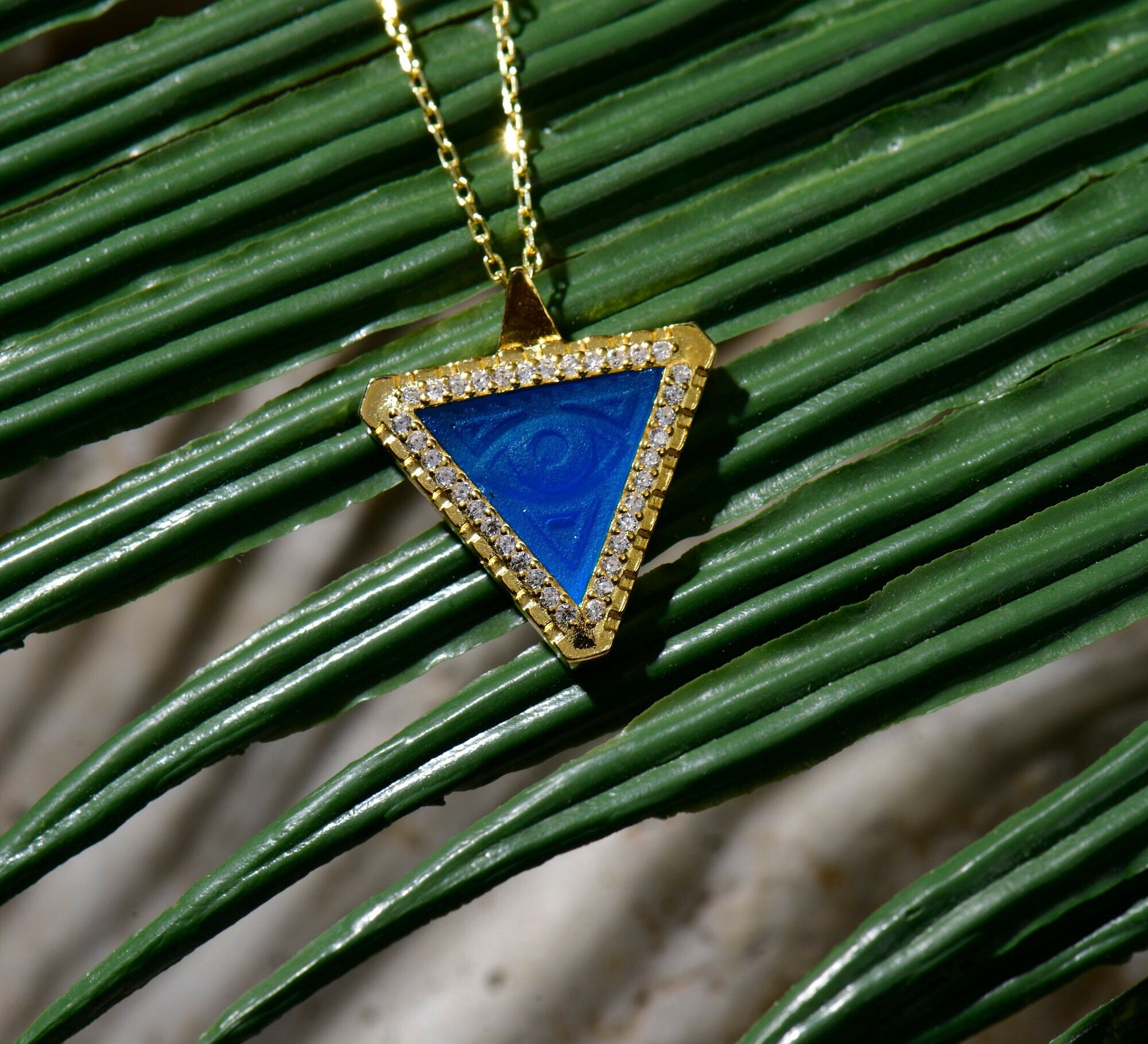 Silver Intaglio Evil Eye Necklace in 18K Gold, Carved Evil Eye Triangle Medallion, Illuminati Style Pendant, Boho Jewelry Gift For Women