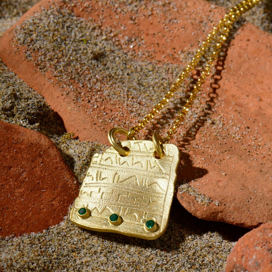 Ancient Silver Engraved Tablet Necklace, Cuneiform Carved Inscription