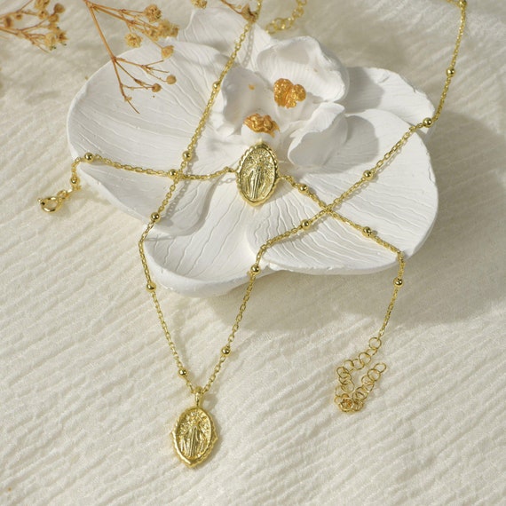 Silver Virgin Mary Necklace in 24K Gold, Vintage Mother Mary Necklace, Antique Design Catholic Pendant, Religious Jewelry, Mothers Day Gift