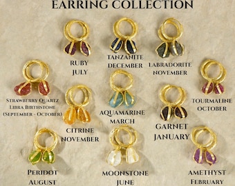 Genuine Raw Birthstone Hoop Earrings, Real Raw Gemstone Drop Earrings in 24K Gold, Natural Rough Stone Huggie Hoops, Handmade Jewelry Gift