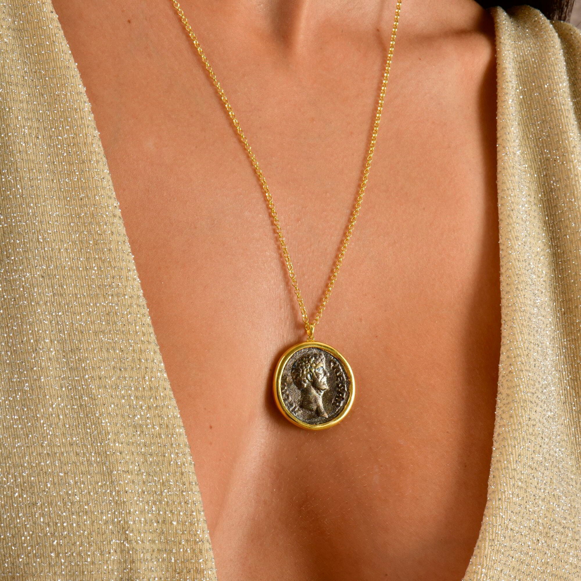 Silver Caesar Coin Necklace in 18K Gold, Intaglio Roman Medallion Necklace, Carved Ancient Coin Pendant, Vintage Jewelry Gift For Women