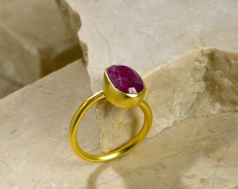 Natural Ruby Ring in 24K Gold, Silver Oval Ruby Gemstone Ring, Adjustable Real July Birthstone Ring, Handmade Vintage Jewelry, Gift For Her