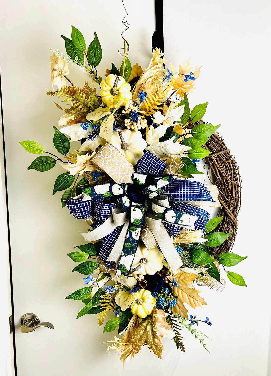 Large Blue Fall Wreath for Front Door in Blue and Cream on an Elegant ...