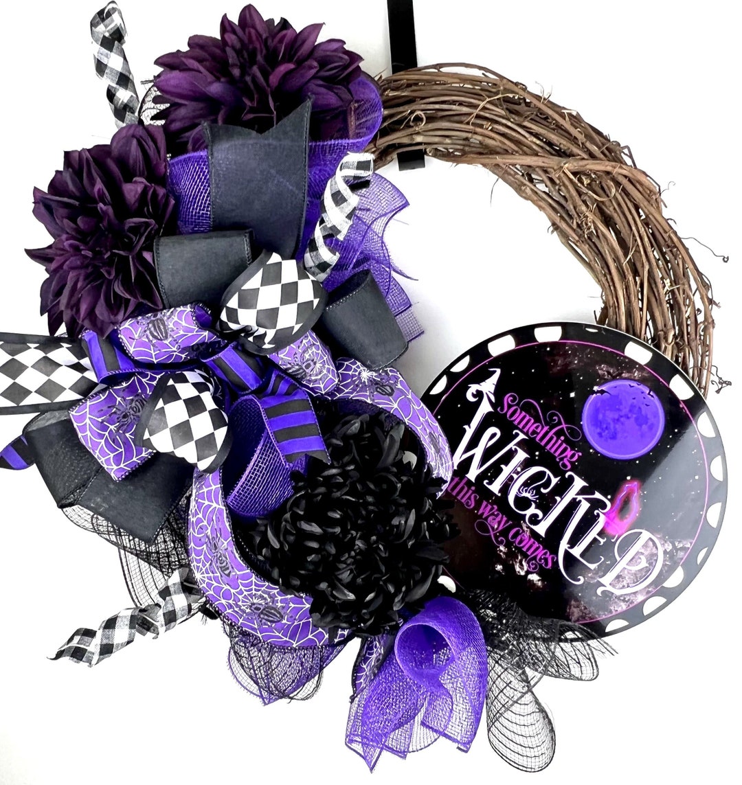 Purple Witch Grapevine Wreath for Front Door, Black Flower Halloween ...
