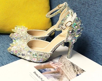 Bling Rhinestone Crystal Gems Silver Luxury Statement Heels Pumps Strap Shoes - For Weddings, Birthday Shoes, Prom Heels, Mother's Day Pumps