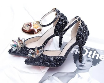 Black Rhinestone Crystal Gems Luxe Pointy Toe Heels Pumps Strap Shoes - For Weddings, Date Night, Birthday Shoes, Prom Heels, Mother's Day